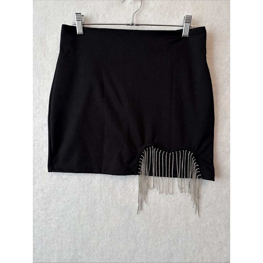 Black Mini Skirt with Silver Fringe Detail
